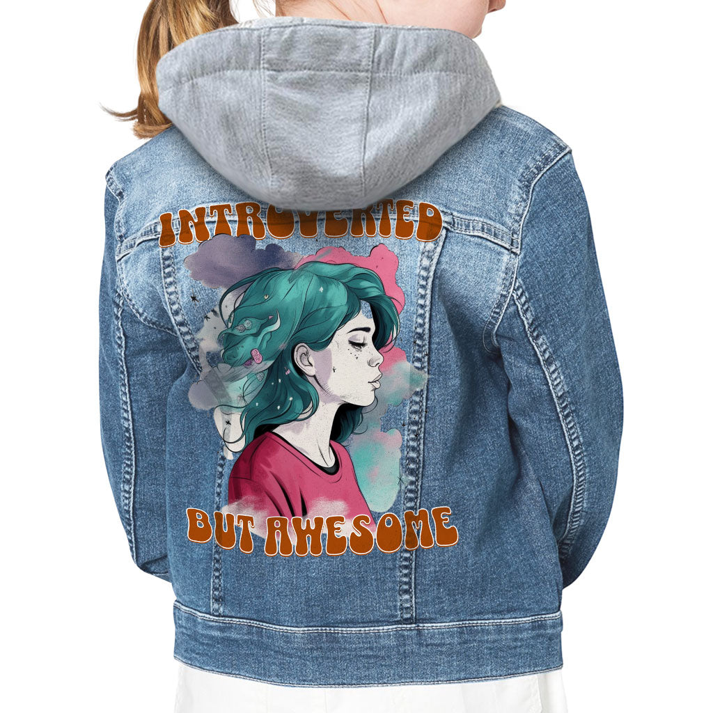 Introverted but Awesome Hooded Denim Jacket for Kids - Watercolor Jean Jacket - Graphic Denim Jacket for Kids