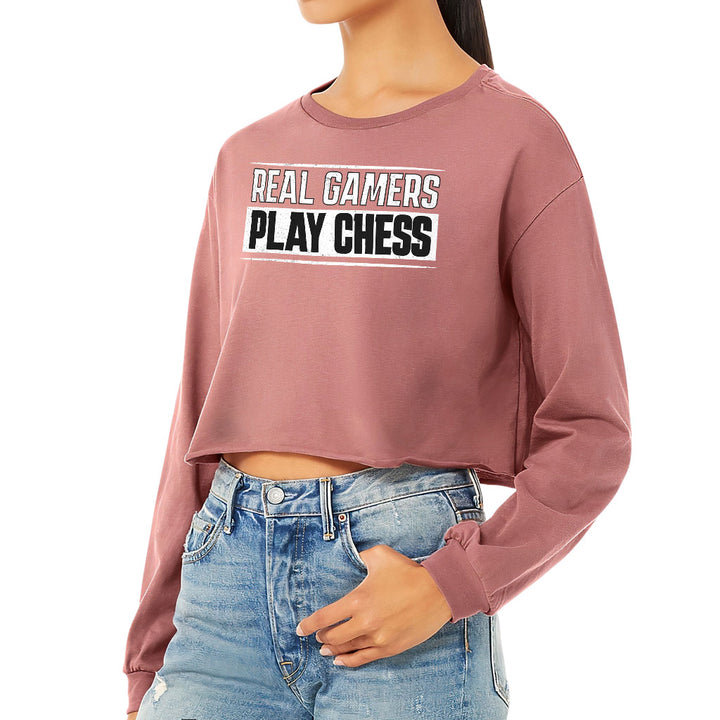 Real Gamers Cropped Long Sleeve T-Shirt - Word Graphic Women's T-Shirt - Graphic Long Sleeve Tee