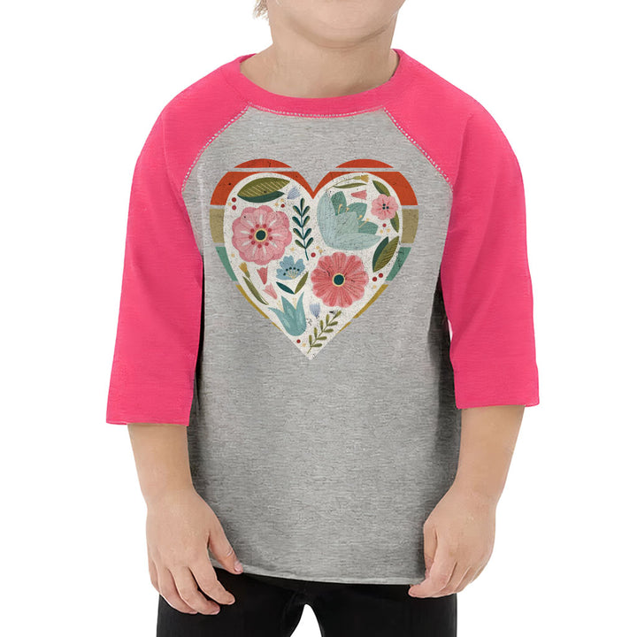 Flower Heart Toddler Baseball T-Shirt - Colorful 3/4 Sleeve T-Shirt - Printed Kids' Baseball Tee