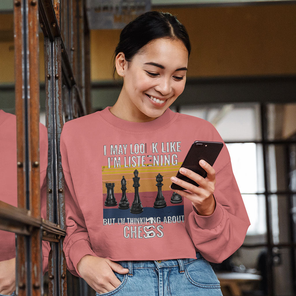 Chess Cropped Long Sleeve T-Shirt - Bright Women's T-Shirt - Colorful Long Sleeve Tee