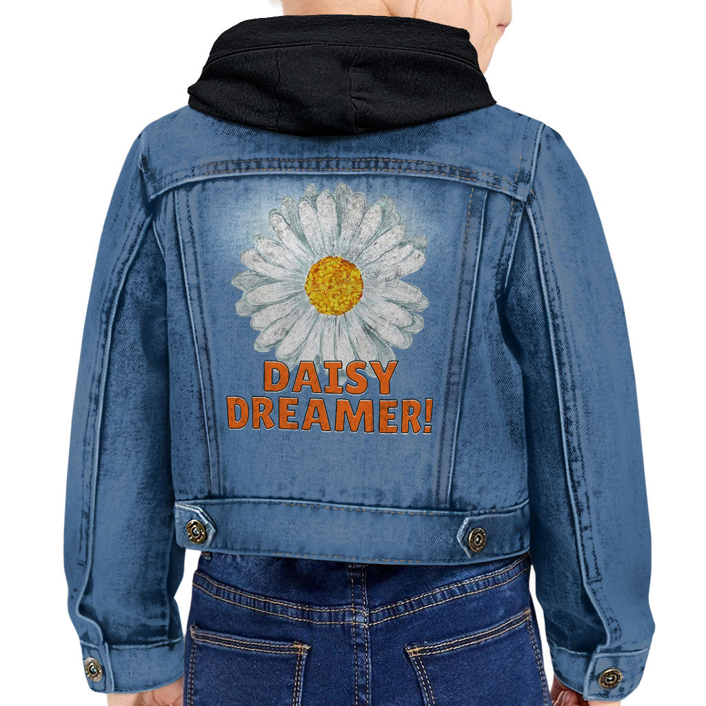 Daisy Dreamer Toddler Hooded Denim Jacket - Minimalistic Jean Jacket - Printed Denim Jacket for Kids