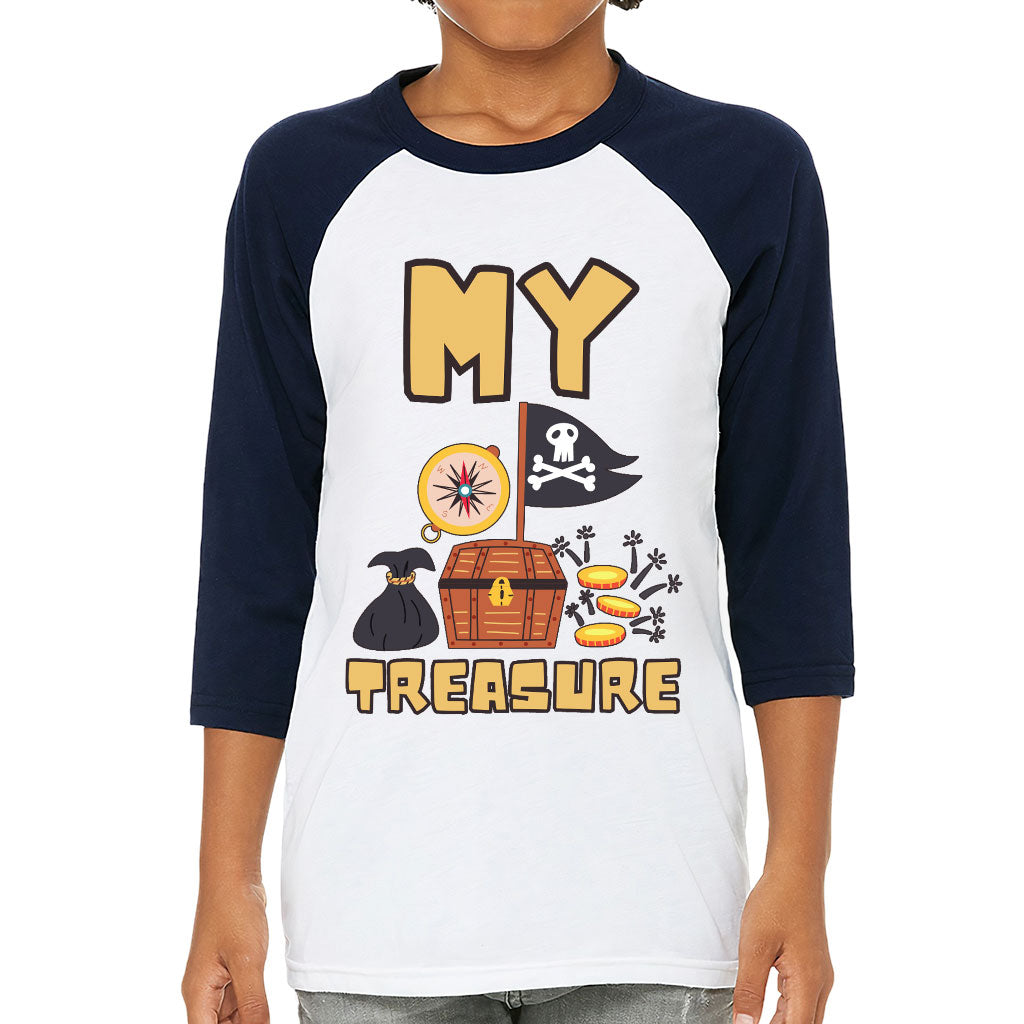 My Treasure Kids' Baseball T-Shirt - Pirate Design 3/4 Sleeve T-Shirt - Colorful Baseball Tee