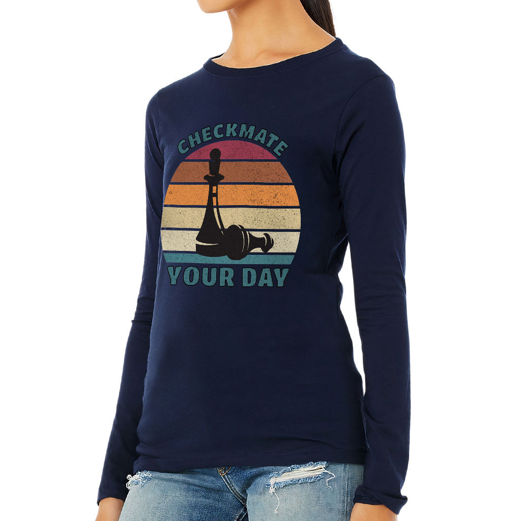 Checkmate Your Day Women's Long Sleeve T-Shirt - Colorful Long Sleeve Tee - Printed T-Shirt