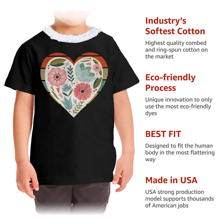 Flower Heart Girls' Ruffle Neck T-Shirt - Colorful Toddler T-Shirt - Printed Ruffle Neck Tee