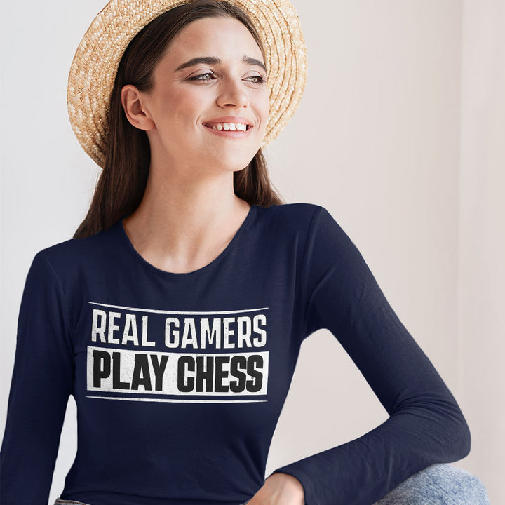 Real Gamers Women's Long Sleeve T-Shirt - Word Graphic Long Sleeve Tee - Graphic T-Shirt