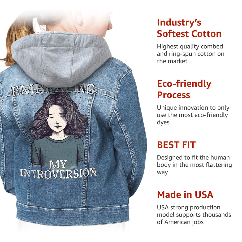 Embracing My Introversion Hooded Denim Jacket for Kids - Cute Print Jean Jacket - Printed Denim Jacket for Kids
