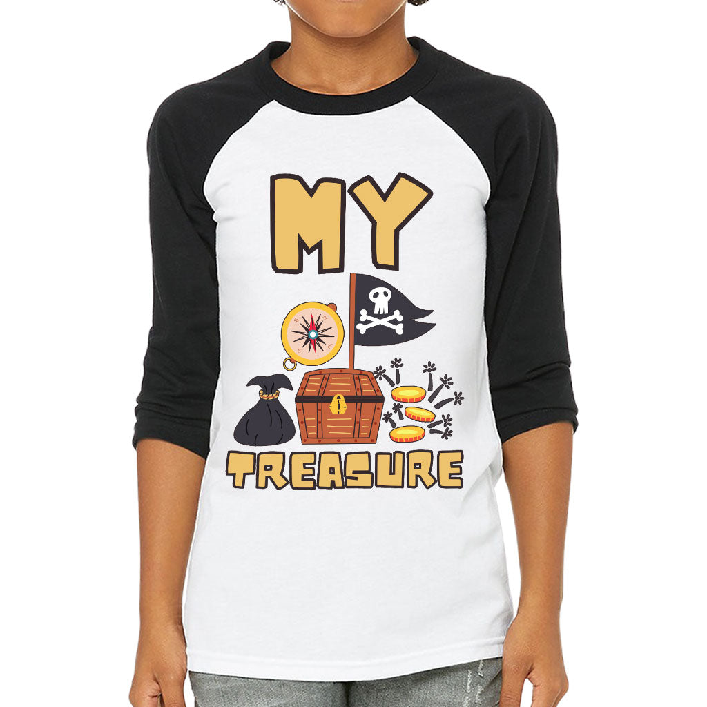 My Treasure Kids' Baseball T-Shirt - Pirate Design 3/4 Sleeve T-Shirt - Colorful Baseball Tee