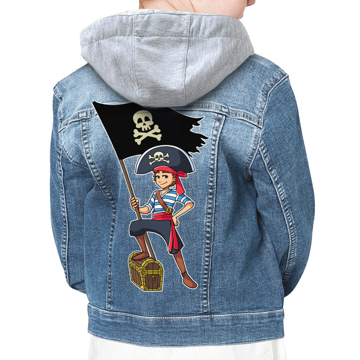 Cool Pirate Hooded Denim Jacket for Kids - Sea Themed Jean Jacket - Cartoon Denim Jacket for Kids