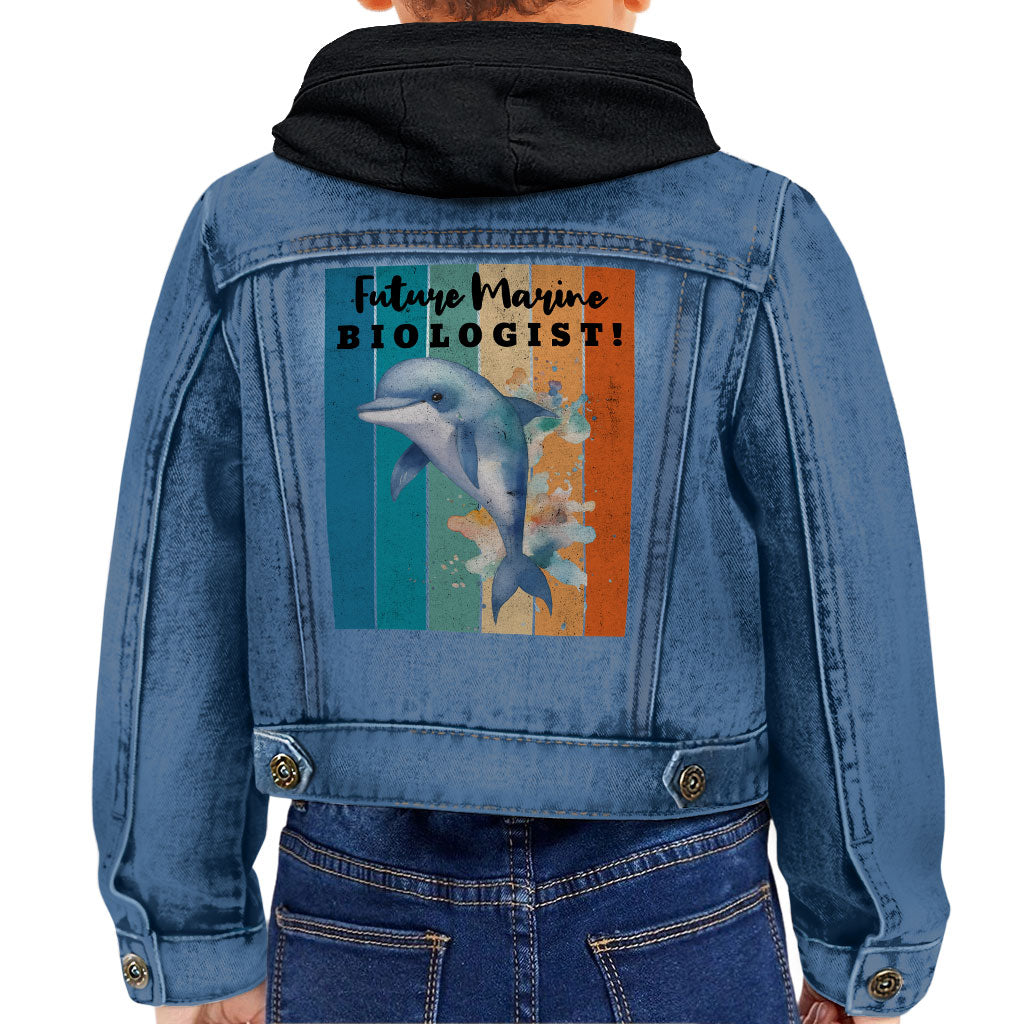 Future Marine Biologist Toddler Hooded Denim Jacket - Dolphin Jean Jacket - Printed Denim Jacket for Kids