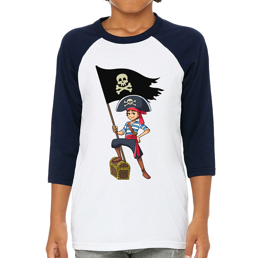 Cool Pirate Kids' Baseball T-Shirt - Sea Themed 3/4 Sleeve T-Shirt - Cartoon Baseball Tee