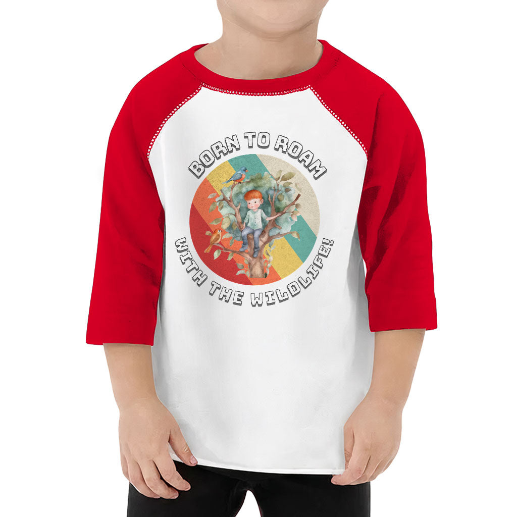 Born to Roam Toddler Baseball T-Shirt - Birds 3/4 Sleeve T-Shirt - Colorful Kids' Baseball Tee