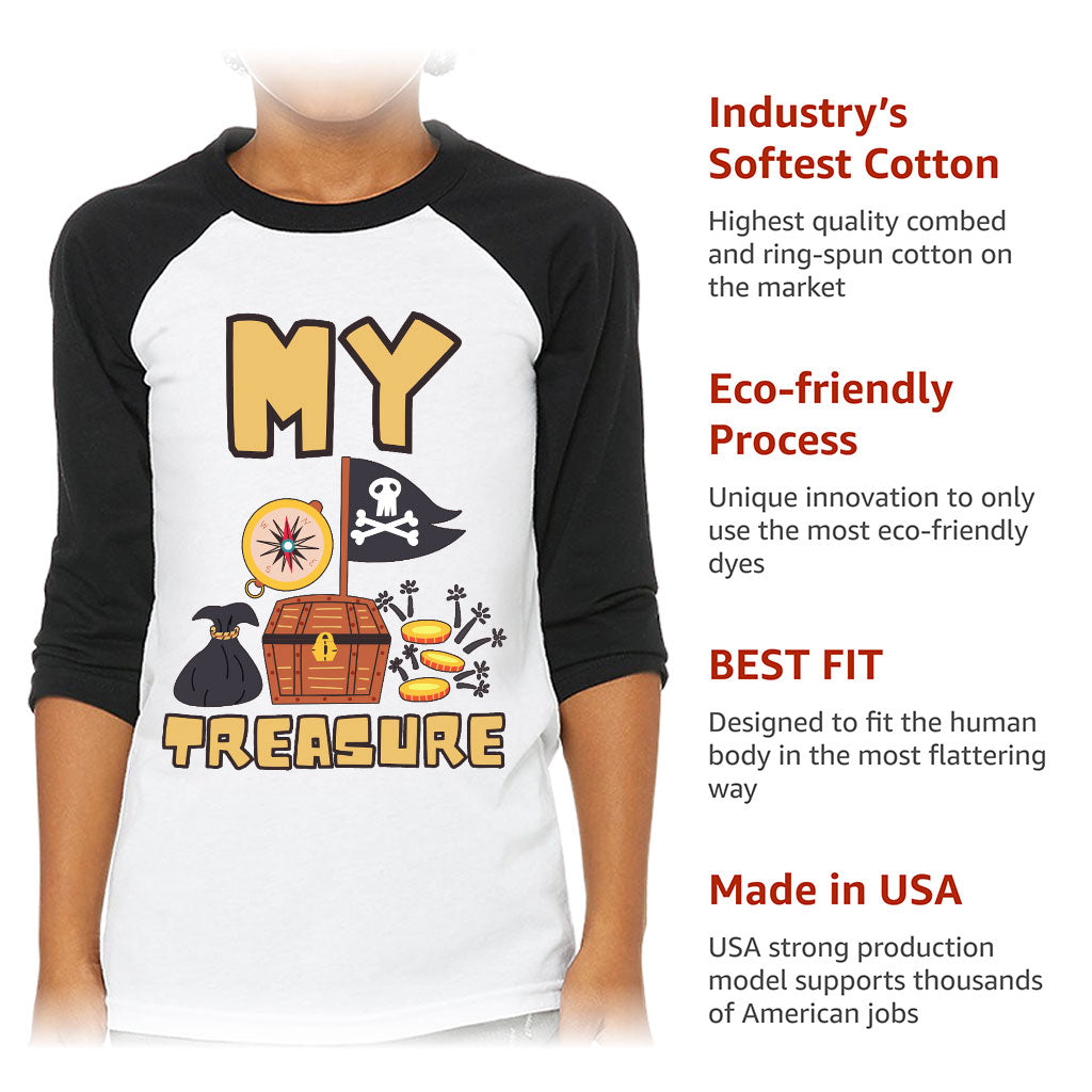 My Treasure Kids' Baseball T-Shirt - Pirate Design 3/4 Sleeve T-Shirt - Colorful Baseball Tee