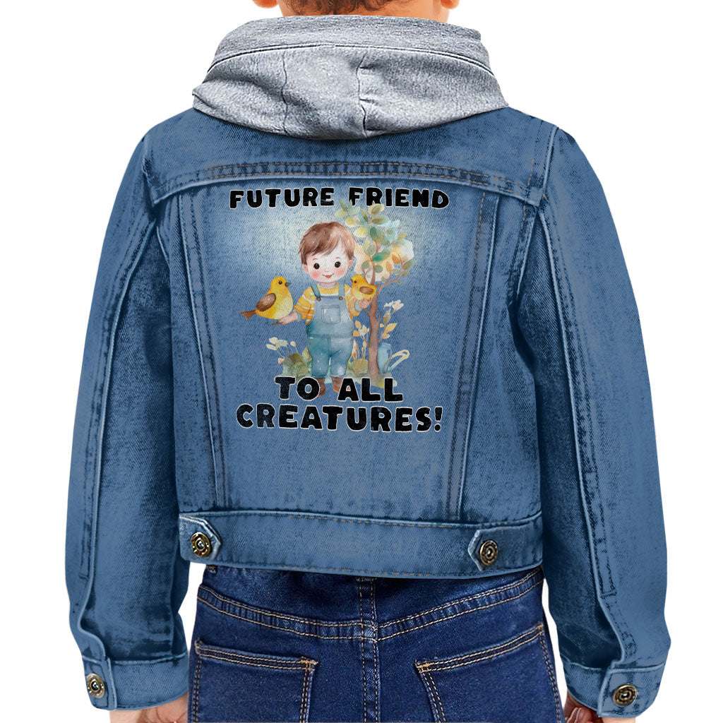 Future Friend for All Creatures Toddler Hooded Denim Jacket - Cute Jean Jacket - Colorful Denim Jacket for Kids