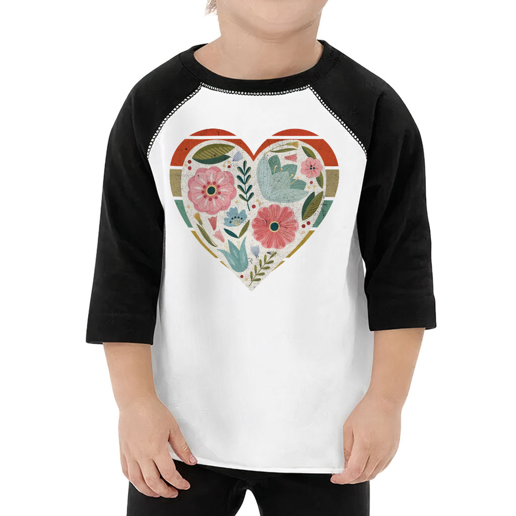Flower Heart Toddler Baseball T-Shirt - Colorful 3/4 Sleeve T-Shirt - Printed Kids' Baseball Tee