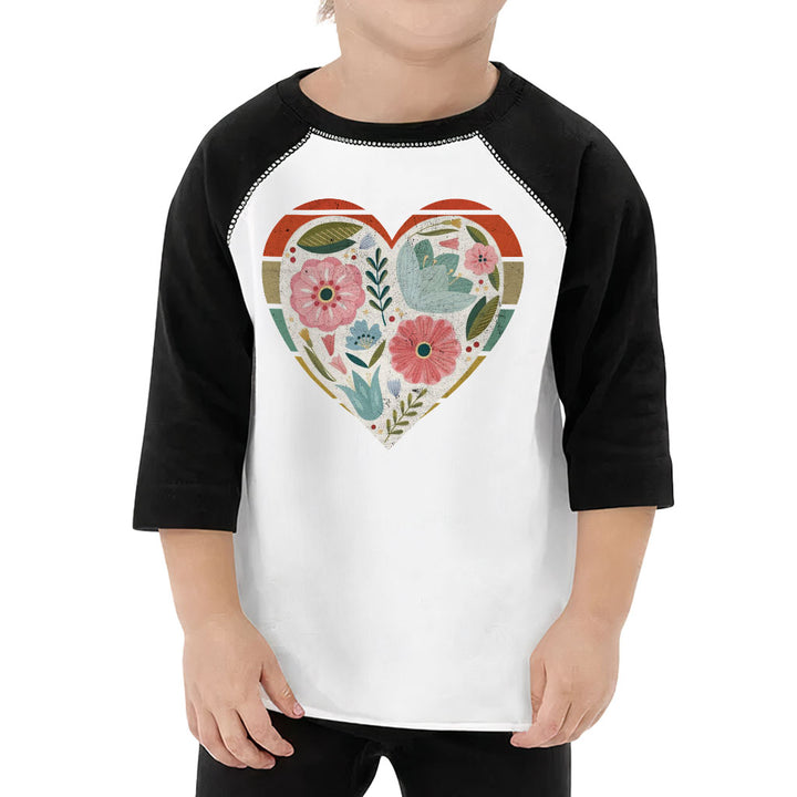 Flower Heart Toddler Baseball T-Shirt - Colorful 3/4 Sleeve T-Shirt - Printed Kids' Baseball Tee