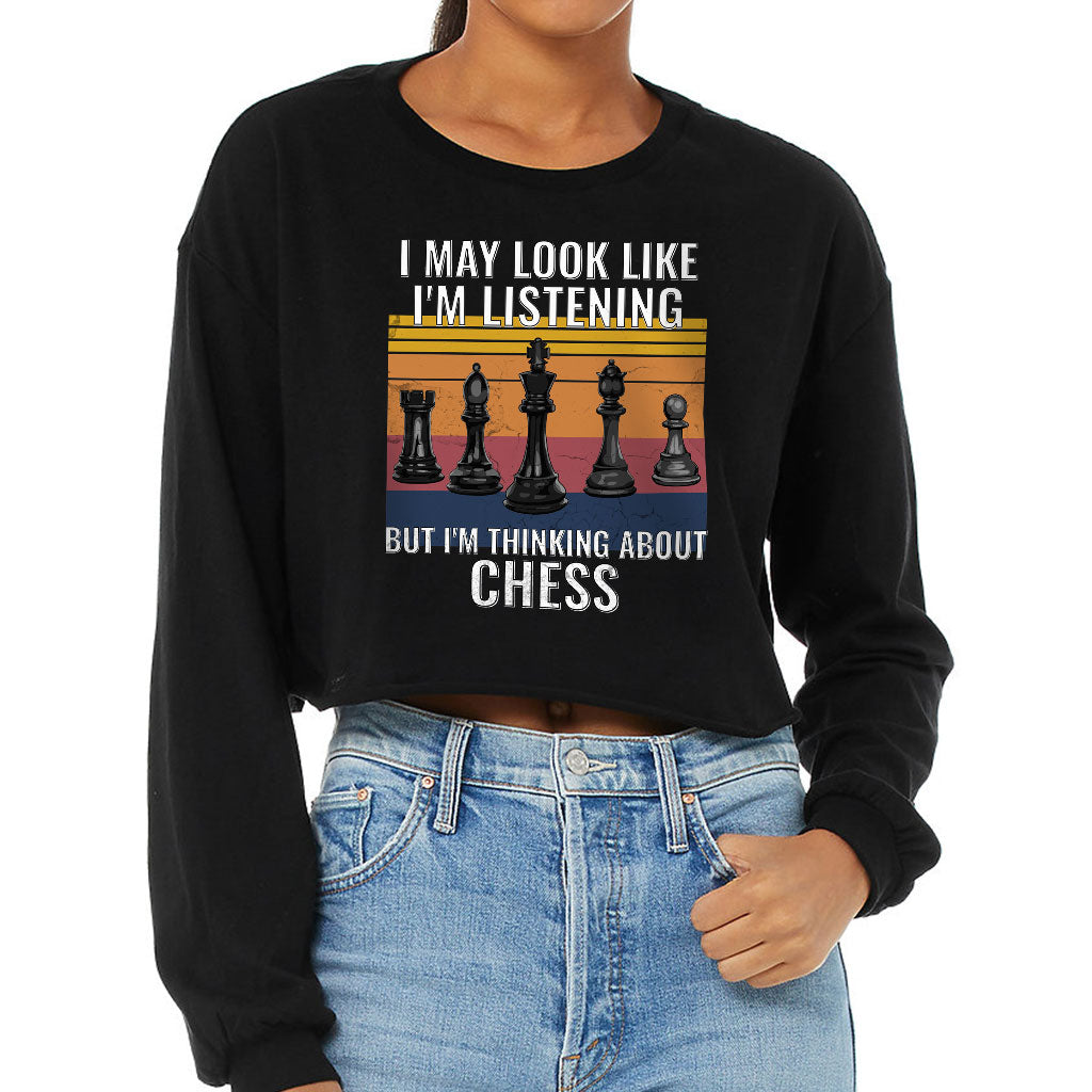 Chess Cropped Long Sleeve T-Shirt - Bright Women's T-Shirt - Colorful Long Sleeve Tee