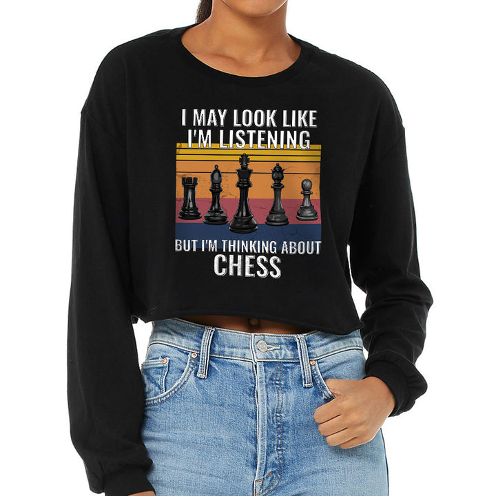 Chess Cropped Long Sleeve T-Shirt - Bright Women's T-Shirt - Colorful Long Sleeve Tee