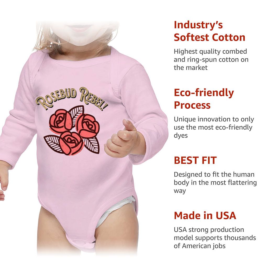 Rosebud Rebel Baby Long Sleeve Onesie - Cute Baby Long Sleeve Bodysuit - Flower Themed Baby One-Piece