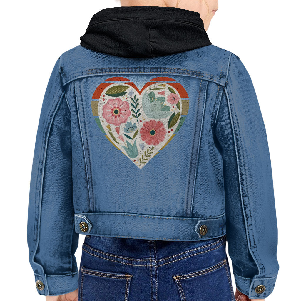 Flower Heart Toddler Hooded Denim Jacket - Colorful Jean Jacket - Printed Denim Jacket for Kids