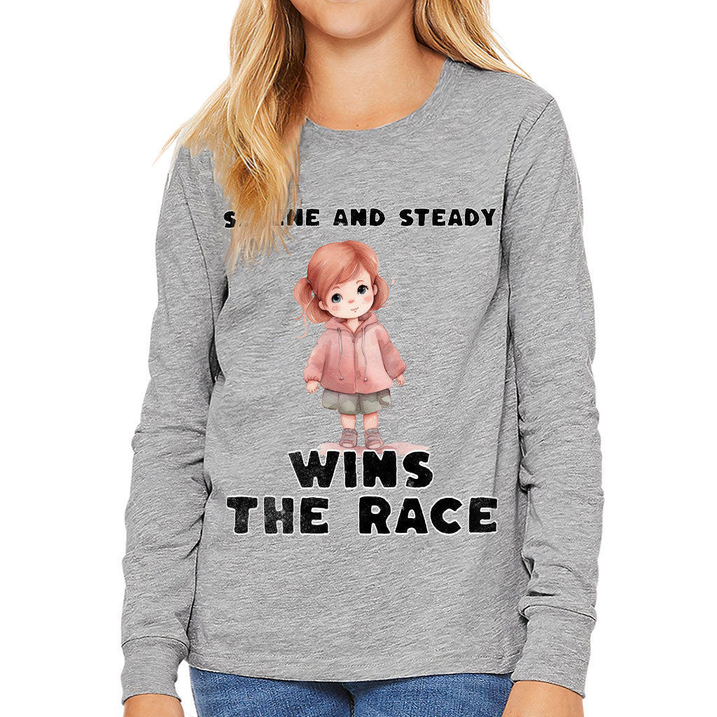 Serene and Steady Kids' Long Sleeve T-Shirt - Cute Girl Graphic T-Shirt - Word Design Long Sleeve Tee