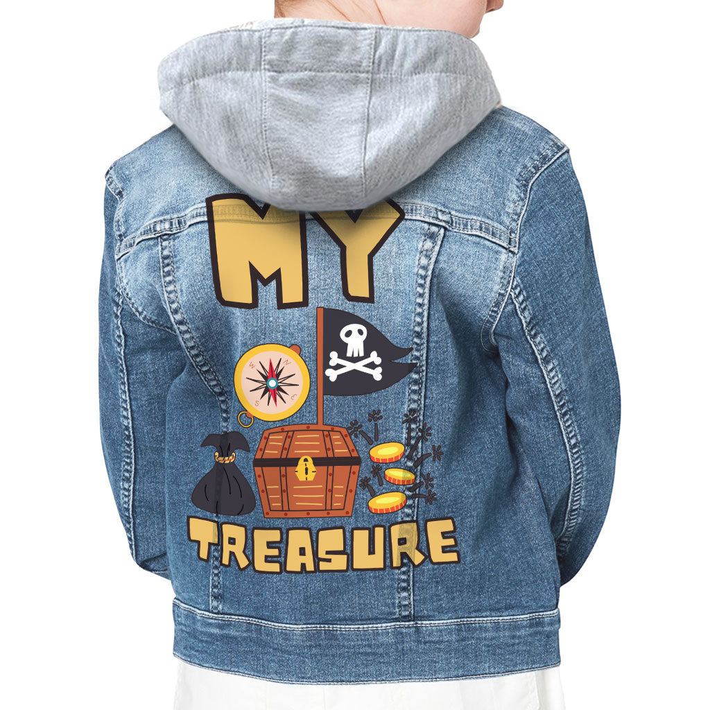 My Treasure Hooded Denim Jacket for Kids - Pirate Design Jean Jacket - Colorful Denim Jacket for Kids