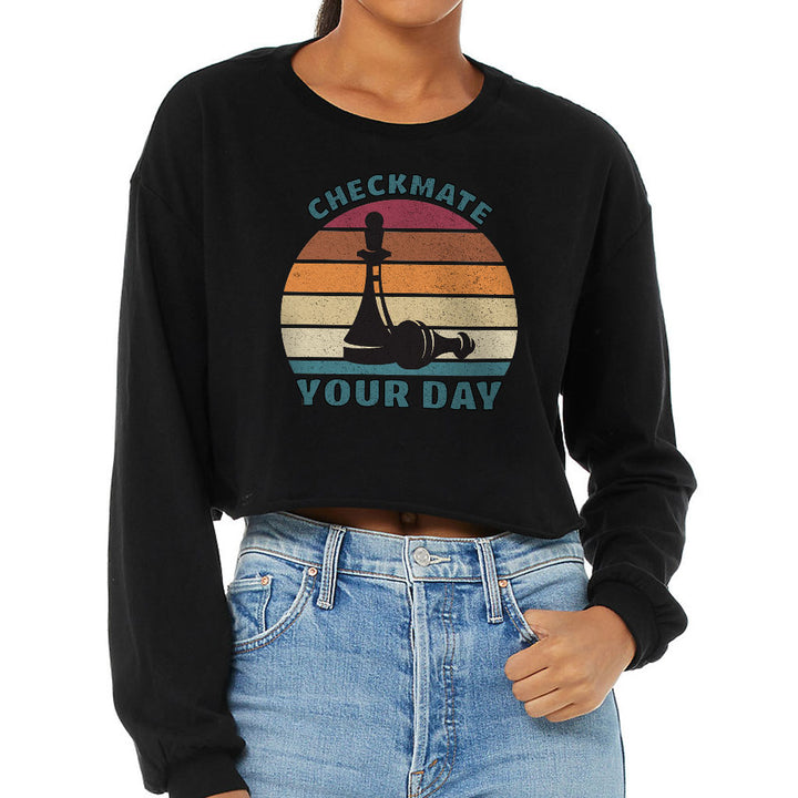 Checkmate Your Day Cropped Long Sleeve T-Shirt - Colorful Women's T-Shirt - Printed Long Sleeve Tee