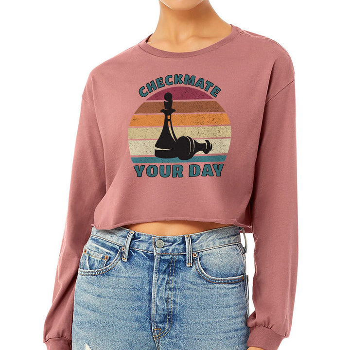 Checkmate Your Day Cropped Long Sleeve T-Shirt - Colorful Women's T-Shirt - Printed Long Sleeve Tee