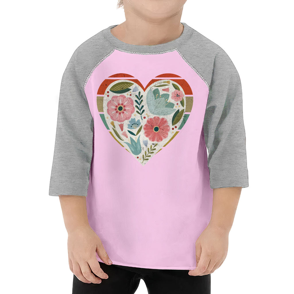 Flower Heart Toddler Baseball T-Shirt - Colorful 3/4 Sleeve T-Shirt - Printed Kids' Baseball Tee