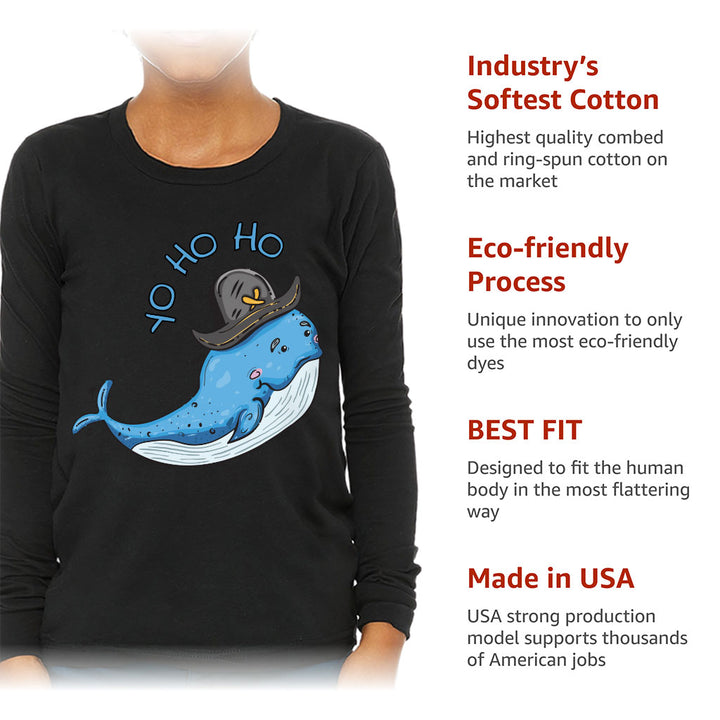 Whale Print Kids' Long Sleeve T-Shirt - Yo Ho Ho T-Shirt - Graphic Long Sleeve Tee