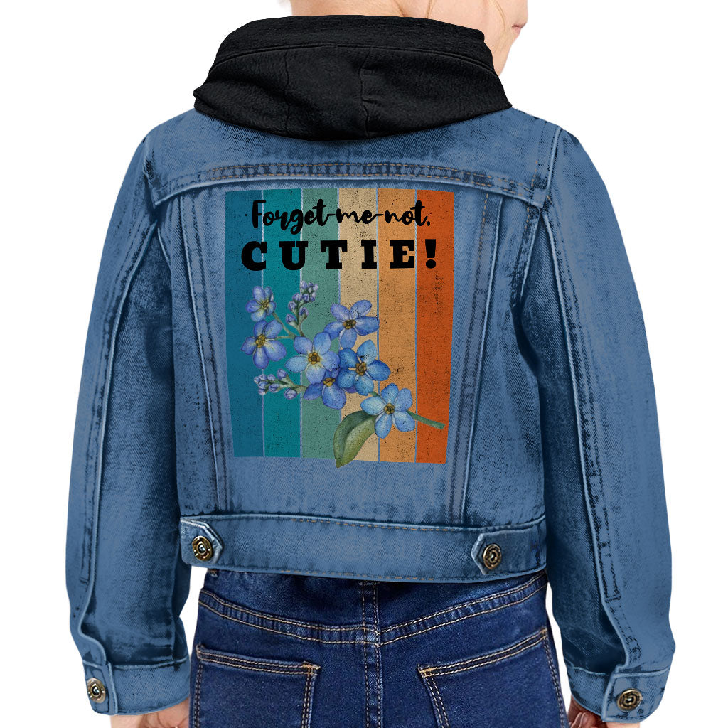 Forget-me-not Cutie Toddler Hooded Denim Jacket - Vintage Jean Jacket - Bright Denim Jacket for Kids