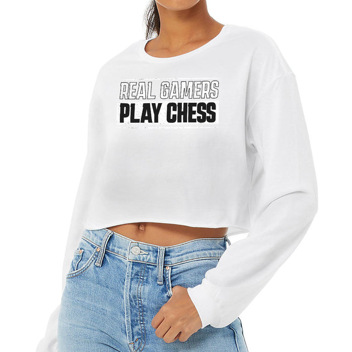 Real Gamers Cropped Long Sleeve T-Shirt - Word Graphic Women's T-Shirt - Graphic Long Sleeve Tee