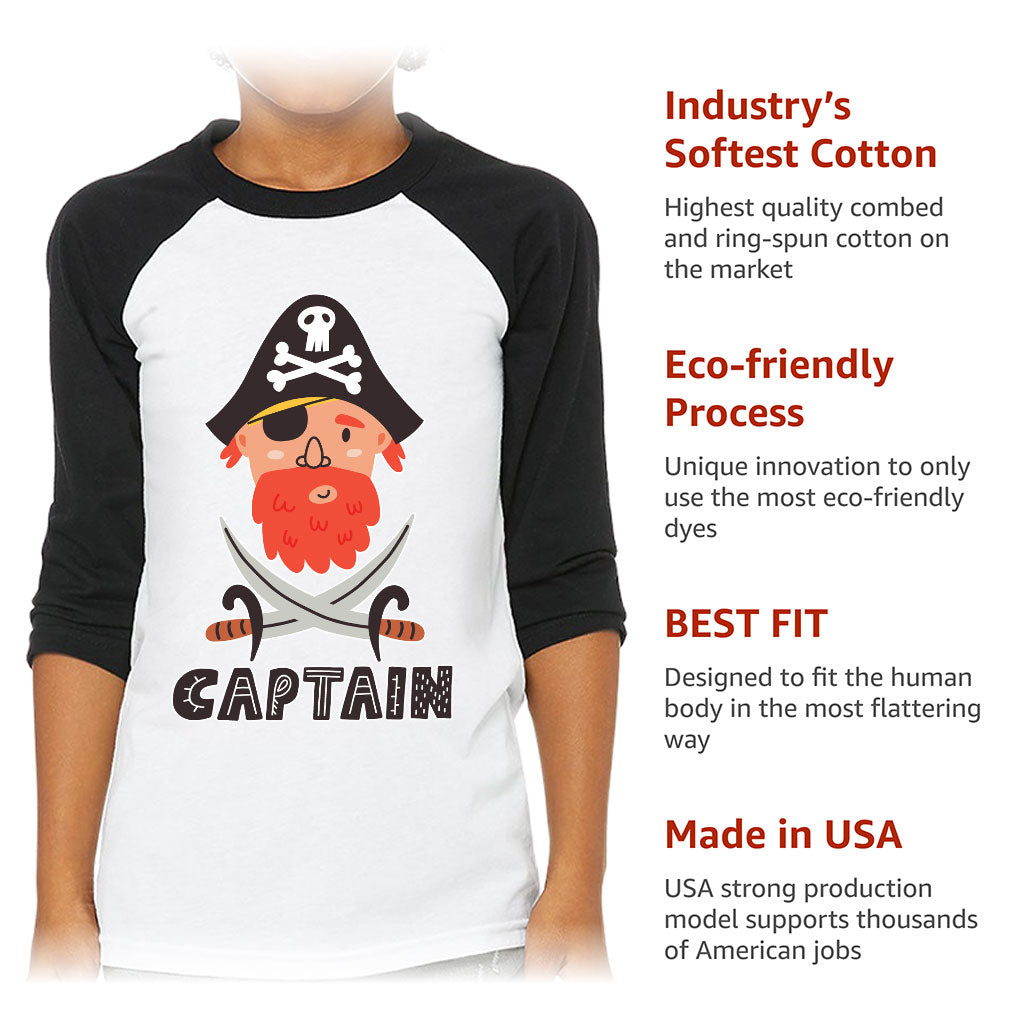 Captain Kids' Baseball T-Shirt - Pirate Themed 3/4 Sleeve T-Shirt - Cool Baseball Tee