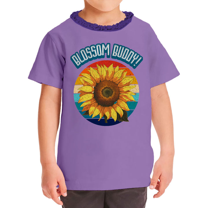 Blossom Buddy Girls' Ruffle Neck T-Shirt - Flower Toddler T-Shirt - Plant Ruffle Neck Tee