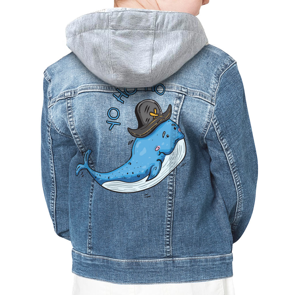 Whale Print Hooded Denim Jacket for Kids - Yo Ho Ho Jean Jacket - Graphic Denim Jacket for Kids