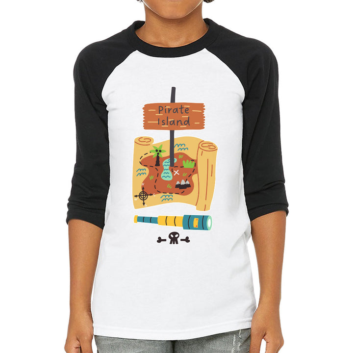 Pirate Island Kids' Baseball T-Shirt - Map Print 3/4 Sleeve T-Shirt - Cool Baseball Tee