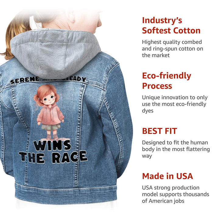 Serene and Steady Hooded Denim Jacket for Kids - Cute Girl Graphic Jean Jacket - Word Design Denim Jacket for Kids