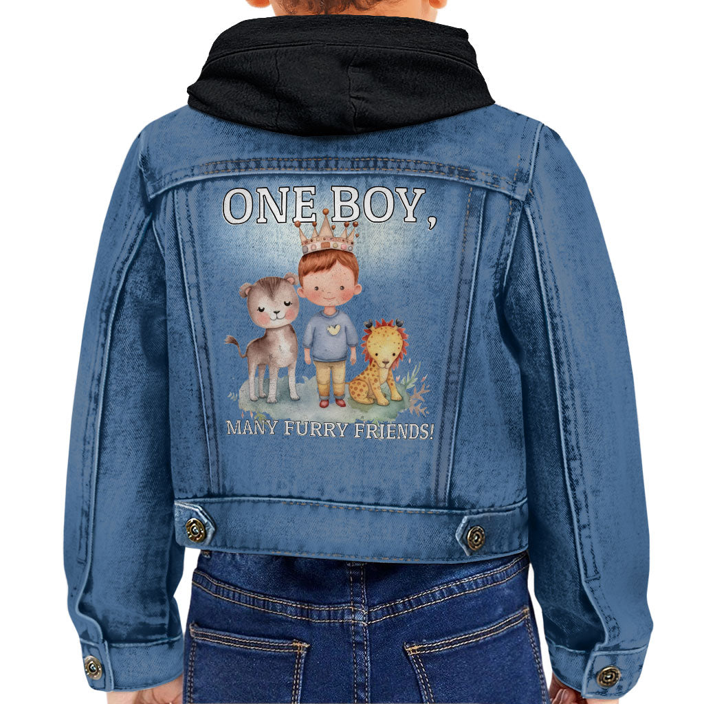 Many Furry Friends Toddler Hooded Denim Jacket - Animal Lover Jean Jacket - Graphic Denim Jacket for Kids