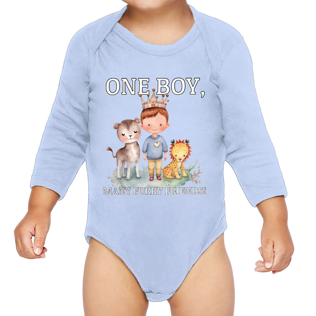Many Furry Friends Baby Long Sleeve Onesie - Animal Lover Baby Long Sleeve Bodysuit - Graphic Baby One-Piece