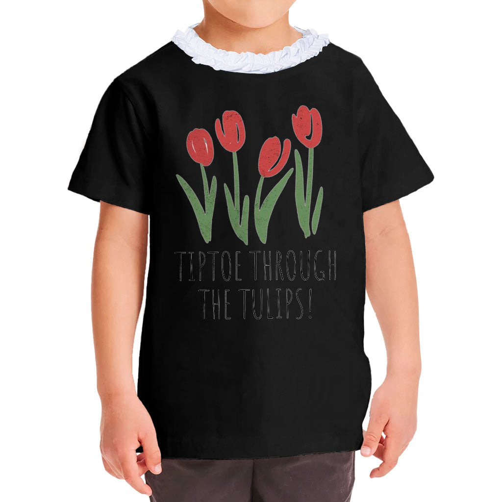 Tiptoe Through the Tulips Girls' Ruffle Neck T-Shirt - Graphic Toddler T-Shirt - Colorful Ruffle Neck Tee