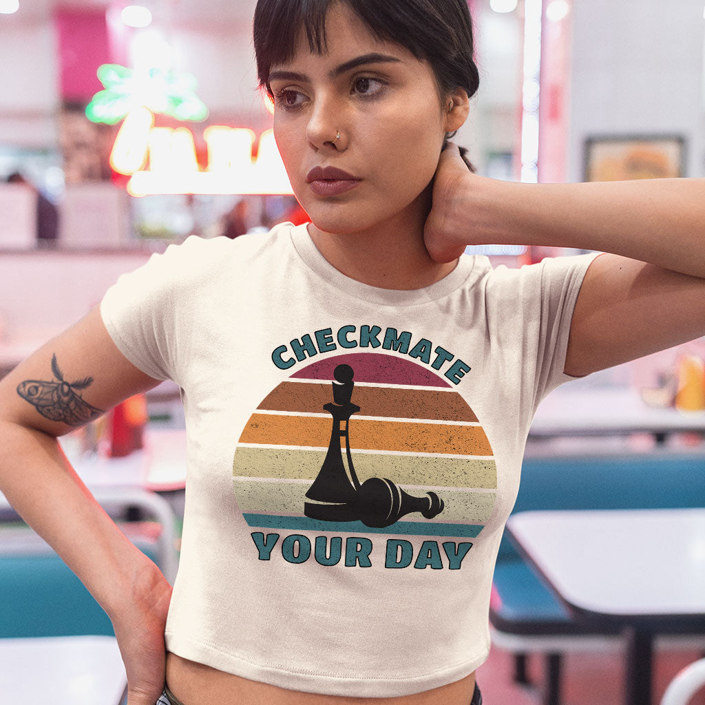Checkmate Your Day Women's Crop Tee Shirt - Colorful Cropped T-Shirt - Printed Crop Top