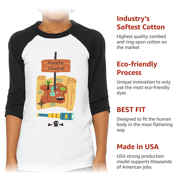 Pirate Island Kids' Baseball T-Shirt - Map Print 3/4 Sleeve T-Shirt - Cool Baseball Tee
