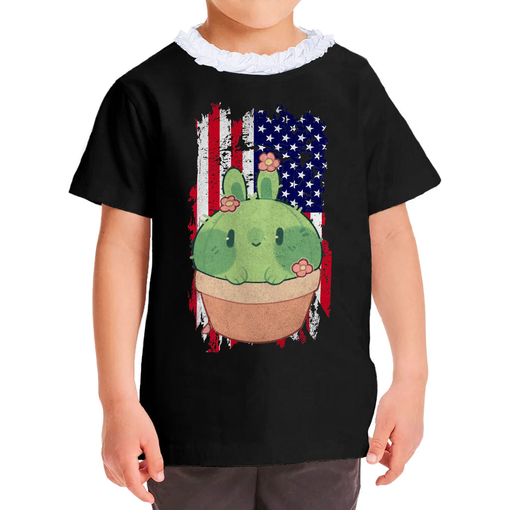 Little Cactus Girls' Ruffle Neck T-Shirt - Flag Toddler T-Shirt - Themed Ruffle Neck Tee