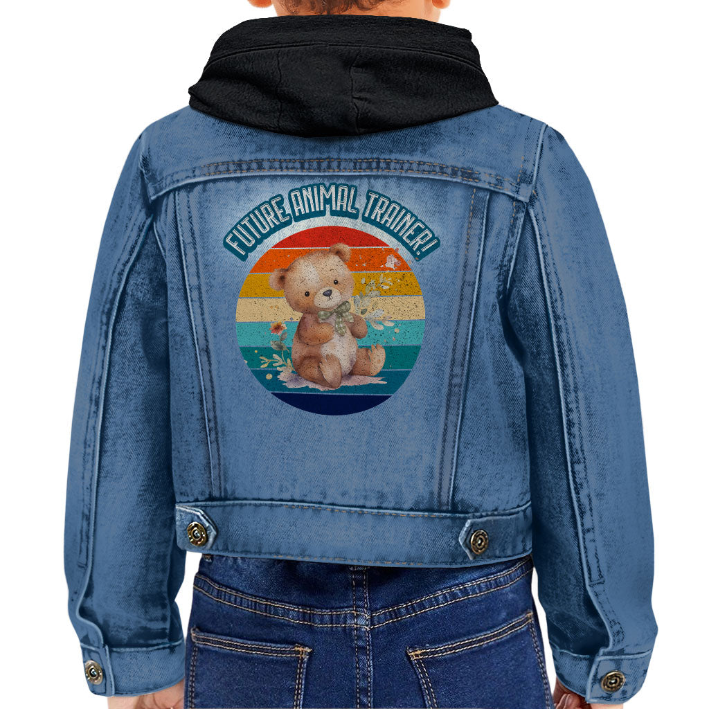 Future Animal Trainer Toddler Hooded Denim Jacket - Teddy Bear Jean Jacket - Printed Denim Jacket for Kids