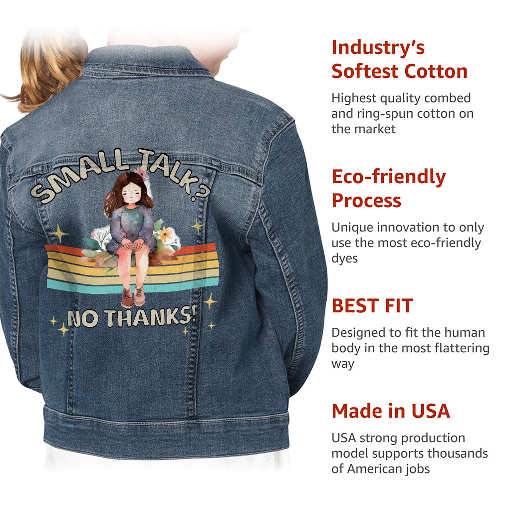 No Small Talk Kids' Denim Jacket - Shy Girl Jean Jacket - Art Denim Jacket for Kids