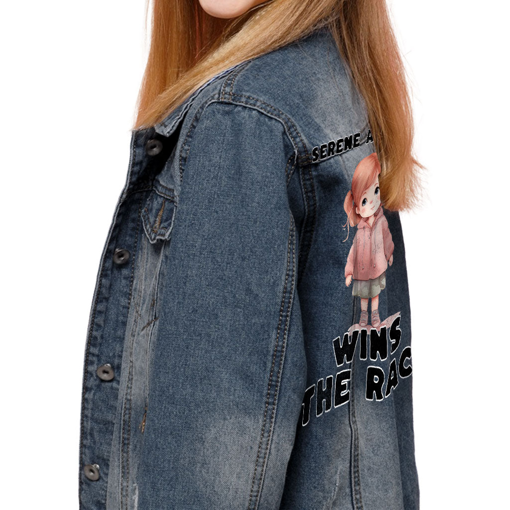 Serene and Steady Kids' Denim Jacket - Cute Girl Graphic Jean Jacket - Word Design Denim Jacket for Kids