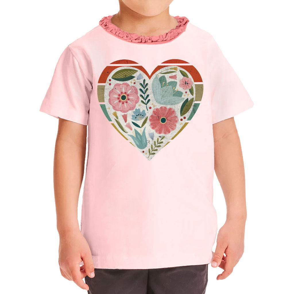 Flower Heart Girls' Ruffle Neck T-Shirt - Colorful Toddler T-Shirt - Printed Ruffle Neck Tee