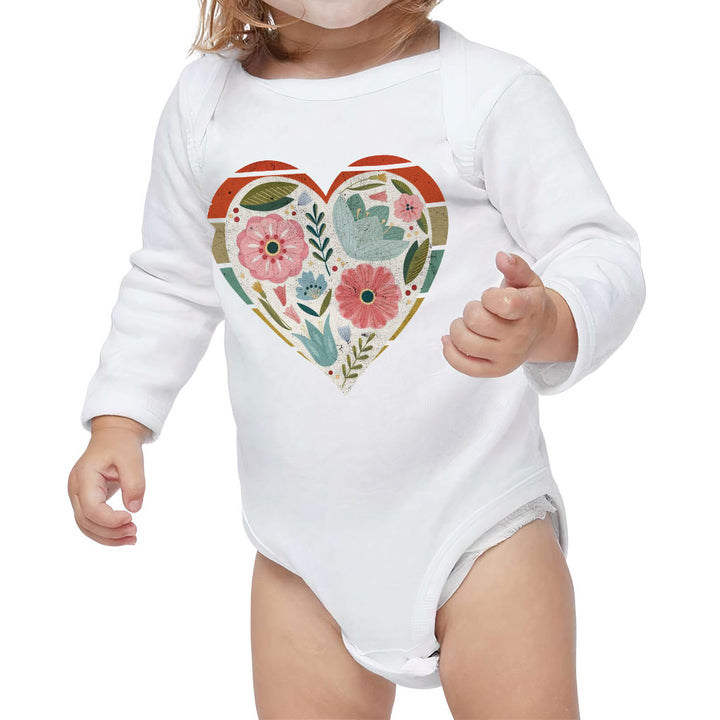 Flower Heart Baby Long Sleeve Onesie - Colorful Baby Long Sleeve Bodysuit - Printed Baby One-Piece
