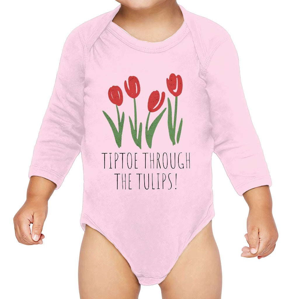 Tiptoe Through the Tulips Baby Long Sleeve Onesie - Graphic Baby Long Sleeve Bodysuit - Colorful Baby One-Piece