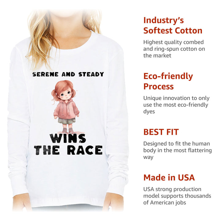 Serene and Steady Kids' Long Sleeve T-Shirt - Cute Girl Graphic T-Shirt - Word Design Long Sleeve Tee