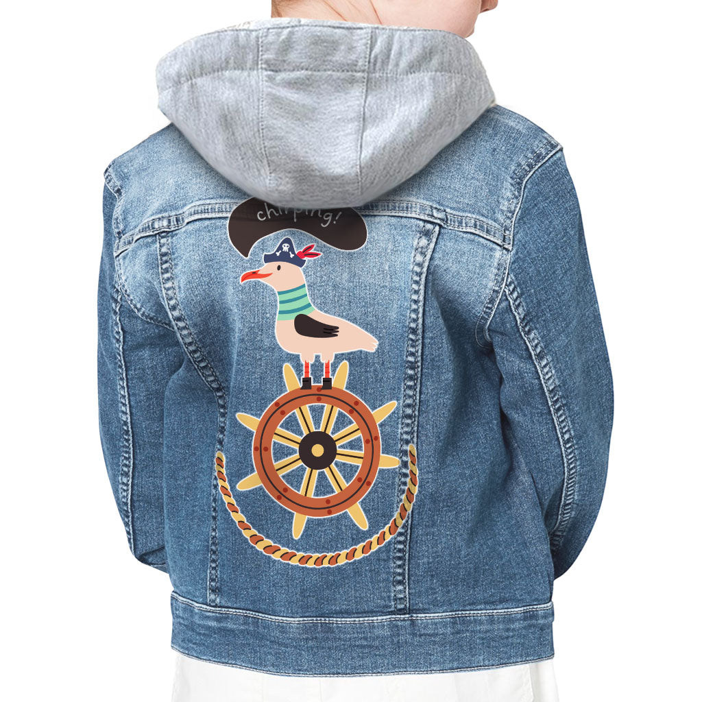 Sea Ship Themed Hooded Denim Jacket for Kids - Bird Jean Jacket - Printed Denim Jacket for Kids